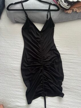 Women's Black Ruched Slip Dress with Spaghetti Straps